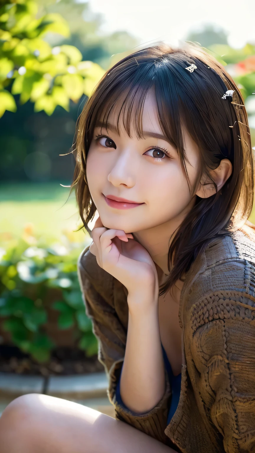 (Highest quality,masterpiece:1.3,Ultra-high resolution),(Very detailed,Caustics,8K),(Realistic:1.4,RAW shooting),18-year-old,cute,Japanese Idols,natural brown short hair,I'm looking at the camera with a smile on my face,Crouching posture,Big Breasts,Down jacket,Knit dress,garden,(Low position),(Low - Angle),(breast focus),(close),Natural light,Lens flare,Professional Writing