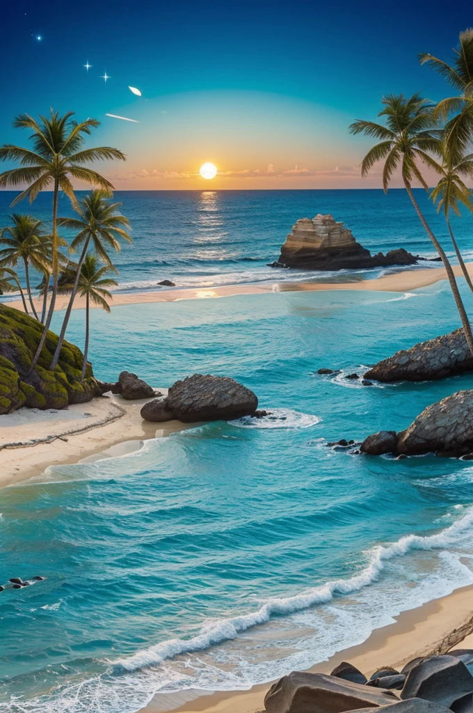 Imagine a beach where the sand glows under the moonlight, and mythical creatures like mermaids and sea dragons play in the waves. You could include palm trees with sparkling lights and the Ohuhu logo subtly etched into a seashell or a rock.