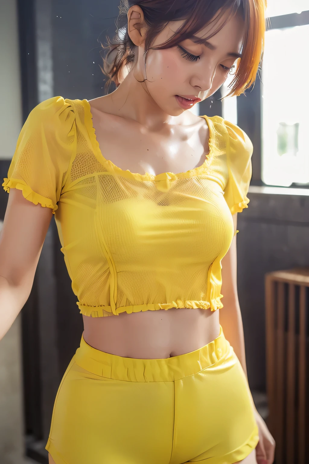 ((yellow short sleeve blouse)),((yellow hot pants)),((sweating a lot)),((Didn&#39;t shower)),((It smells like a living rotting corpse.)),((I didn’t wash my hair so my hair became matted)),((Poop coming from the anus)),((innocent)),((Pretty lady))