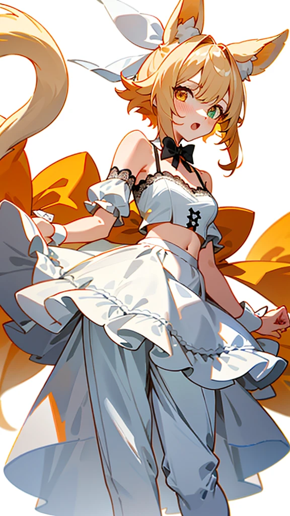 (character design sheet,Same role,Street,Lateral face,standing back),1girl, animal ears, bangs, bare shoulders, blonde hair, blush, bow, breasts, white cleavage, cropped torso, , green eyes, hair ribbon, heterochromia, , looking at viewer, open mouth, orange bow, orange eyes, orange ribbon, ears of an unusual animal, a real tail, a fluffy tail, two tails on the sides, ribbon, solo, stuffed animal, , upper body, full-length, white legbands, white shoes with lace and white bows, white background, wrist cuffs, yellow eyes, bloomers, close-up, fair skin frills, lace, midriff, skirt, solo, , white background,shorts, white top with ribbon and lace and trousers,trousers, genshin,white slippers with a bow,All clothes are white, laceAt full height, it stands