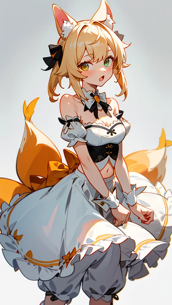 (character design sheet,Same role,Street,Lateral face,standing back),1girl, animal ears, bangs, bare shoulders, blonde hair, blush, bow, breasts, white cleavage, cropped torso, , green eyes, hair ribbon, heterochromia, , looking at viewer, open mouth, orange bow, orange eyes, orange ribbon, ears of an unusual animal, a real tail, a fluffy tail, two tails on the sides, ribbon, solo, stuffed animal, , upper body, full-length, white legbands, white shoes with lace and white bows, white background, wrist cuffs, yellow eyes, bloomers, close-up, fair skin frills, lace, midriff, skirt, solo, , white background,shorts, white top with ribbon and lace and trousers,trousers, genshin,white slippers with a bow,All clothes are white, laceAt full height, it stands