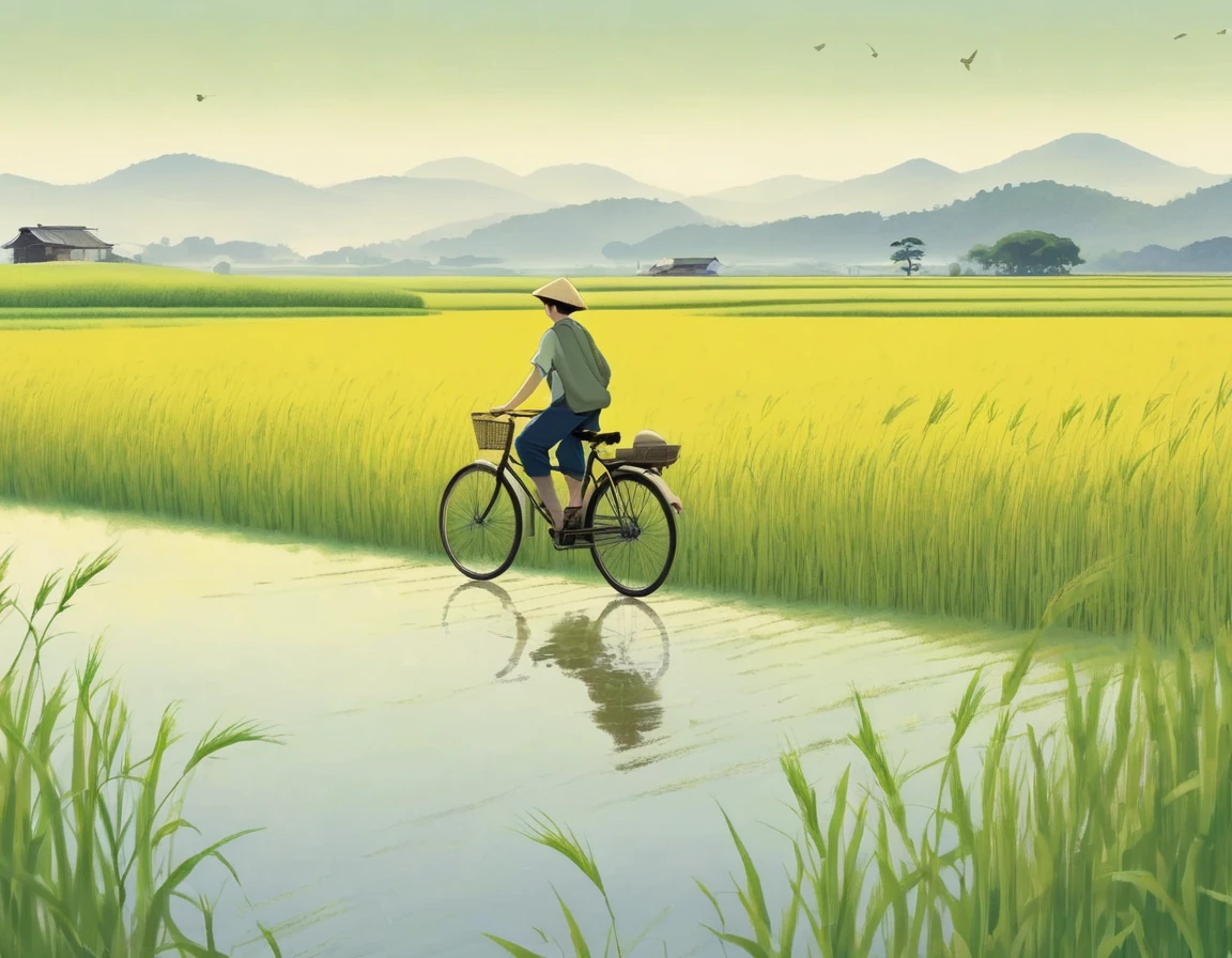 A beautiful illustration, Endless rice fields, half yellow half green, a boy riding a bicycle, Will Barnett (Will Barnet) modeling, Attached are 50D movie stills, Idyllic, Rural, panoramic,