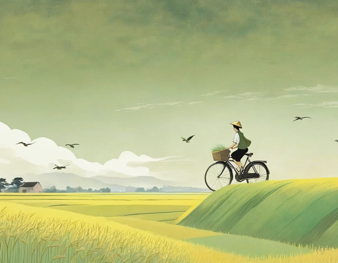 A beautiful illustration, Endless rice fields, half yellow half green, a boy riding a bicycle, Will Barnett (Will Barnet) modeling, Attached are 50D movie stills, Idyllic, Rural, panoramic,