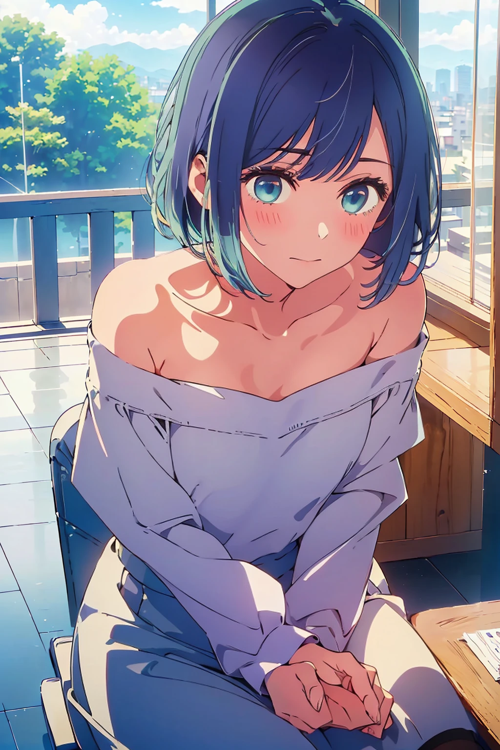(Highest quality:1.4、8K:1.4、detailed)、F cup bust、Big Breasts、Slim body、Very white beautiful skin、((((1 person、smile、Surprised expression、sit、Chair、In the background are the urban buildings of Tokyo、looking at the camera、Indoor cafe terrace、Navy hair color、Straight Long Hair、juice、table、Shooting up close、Shooting from an angle、Very cute face))))、(Touching cheeks with both hands pose:1.4)、(((nude、Areola)))、Off-the-shoulder zip-up jacket、Nipples、Very blue sky、A completely cloudless sky