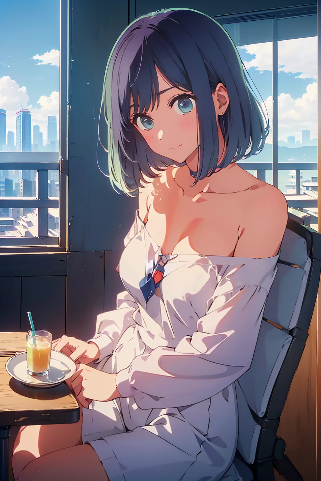 (Highest quality:1.4、8K:1.4、detailed)、F cup bust、Big Breasts、Slim body、Very white beautiful skin、((((1 person、smile、Surprised expression、sit、Chair、 the background are the urban buildings of Tokyo、looking at the camera、Indoor cafe terrace、Navy hair color、Straight Long Hair、juice、Shooting up close、Shooting from an angle、Very cute face))))、((((nude、Areola))))、(((Off-the-shoulder blouson)))、(Pose with hair tucked behind ear with one hand:1.6、table)、Nipples、Very blue sky、A completely cloudless sky