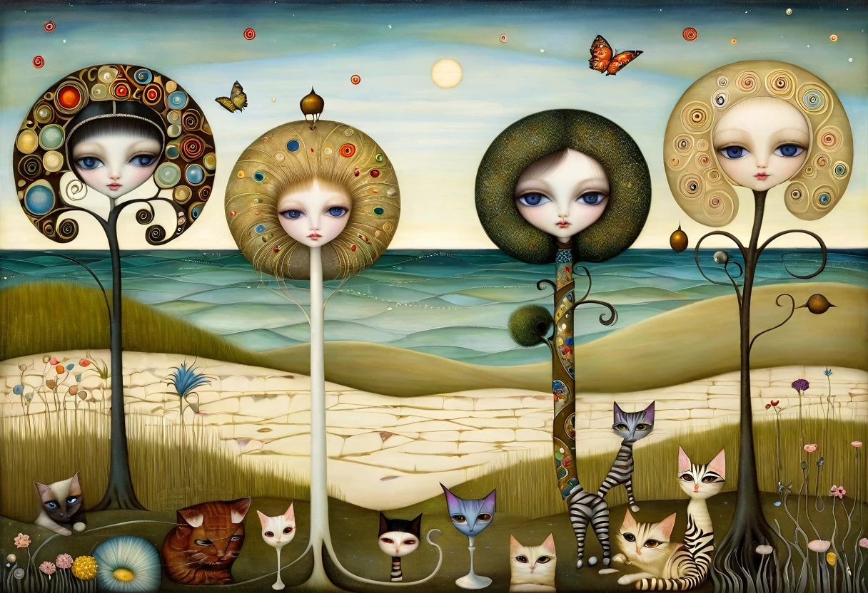 Patchwork by Klimt, Nicoletta Ceccoli, Naoto Hattori, Lawrence Didier, Leonora Carrington.
In a seascape with sand dunes and clumps of grass, cats of different colors are lying on the branches of trees with goblet-shaped flowers.