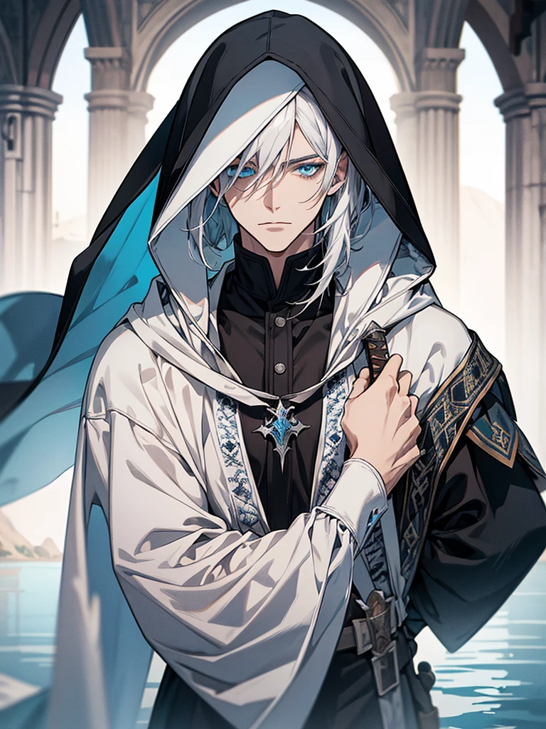 male, short white medium length hair, blue sea eyes, adult face, adult, white hood and shroud, black medieval outfit, swordman, handsome, gentle medieval, lake ruinscape background, detailed eyes, looking at viewer