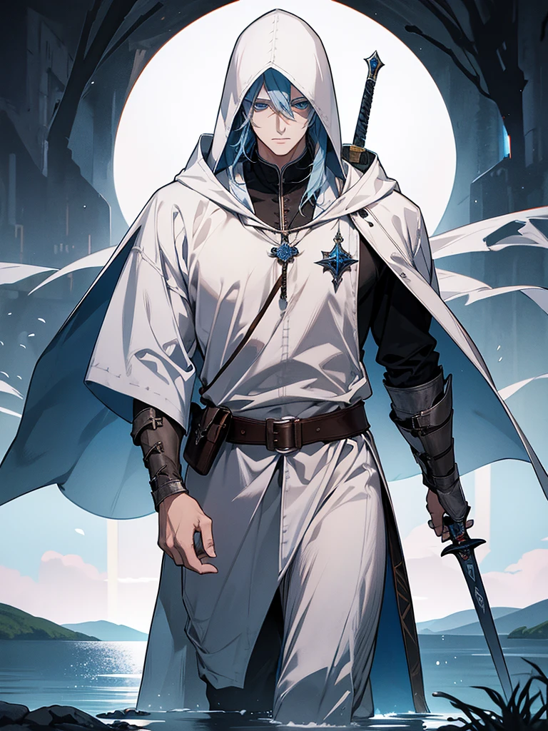 male, short white medium length hair, blue sea eyes, adult face, adult, white hood and shroud, black medieval outfit, swordman, handsome, gentle medieval, lake ruinscape background, detailed eyes, looking at viewer