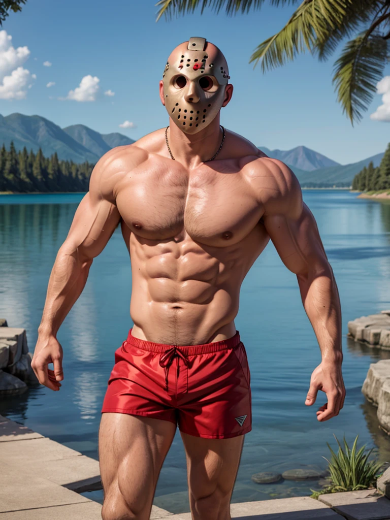 (masterpiece, 4K, ultra detailed), Jason Voorhees, single, masculine, light skin, jason's white hockey mask, bald, sexy, muscular, sunny, smooth lining, smooth shading, shirtless, lake, cartoony, red swim trunks