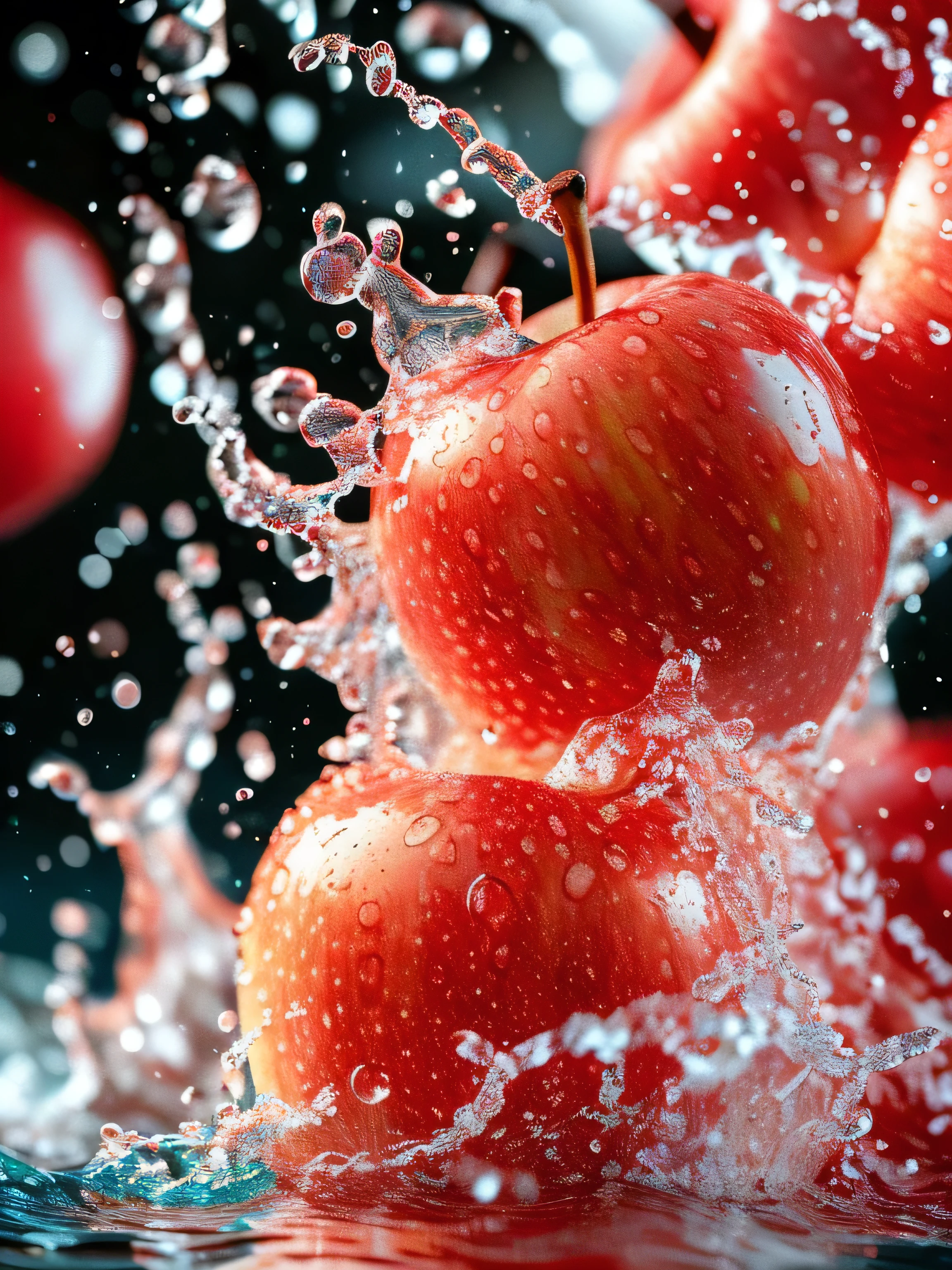 Real photography of 3 apples falling into water and splashing with water droplets. Commercial advertising style, macro shot, background, warm lighting, cool colors creating splash effect. The cherry is dotted with white light spots, and the cherry falls from above, forming a splashing liquid water ball. HD photography quality.