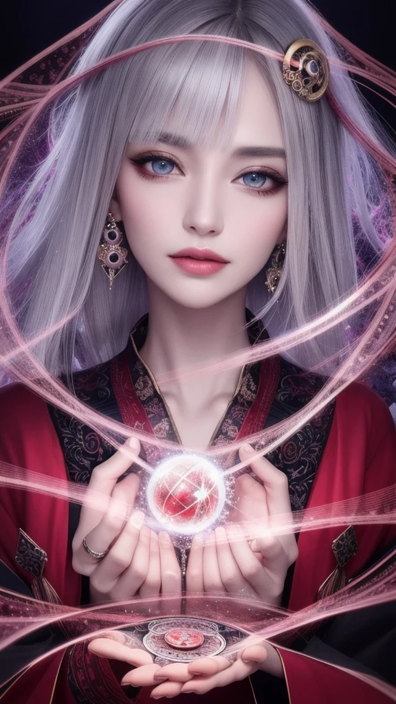 (masterpiece, top quality, 1 female, solo, exquisite details, chromatic aberration), (realistic), (skin), ((breathing)), (silver hair, blunt bangs, short cut straight long hair, short cut bangs, silver hair), beautiful hair, red headdress, blue highlights, hair over one eye, cute eyes,purple eyes, thick lips, earrings, piercing eyes, ((gold and white kimono)), ((symmetrical eyes)), ((perfectly symmetrical body)), ((perfectly symmetrical hands)), (purerosface_v1:0.3), night, (((self, natural light))), bright lighting, flowers blooming in the background, front of viewer, ((central shot, from the front, (face and waist))), mysterious atmosphere, flowers blooming around, light colored background, fortune teller in kimono, beautiful fortune teller, fortune teller, fantasy female fortune teller, female fortune teller, f Fantasy photography, magician, witch fairy tale, Japanese style, elegant cinematic fantasy art, fantasy woman, magician portrait, casting a spell, fortune teller, A powerful wizard stands in a mysterious forest, fluttering robes adorned with symbols, holding a glowing heart crystal ball, eyes glowing with mystical energy, spells leaking from his mouth, vivid swirling patterns of black magic pulsating in hues of red and blue appear in the air, magic permeates, flowers bloom and sacred creatures gaze in awe, threads of magical energy dance, revealing hidden realms and unravelling secrets, capturing the essence of this enchanting moment and bringing to life the mysterious power of black magic on a canvas of the highest quality and finest detail. Top Quality, Masterpiece, Ultra High Resolution, (Photorealistic: 1.4), RAW Photo, Sharp Focus, High Resolution, Detailed Skin, .