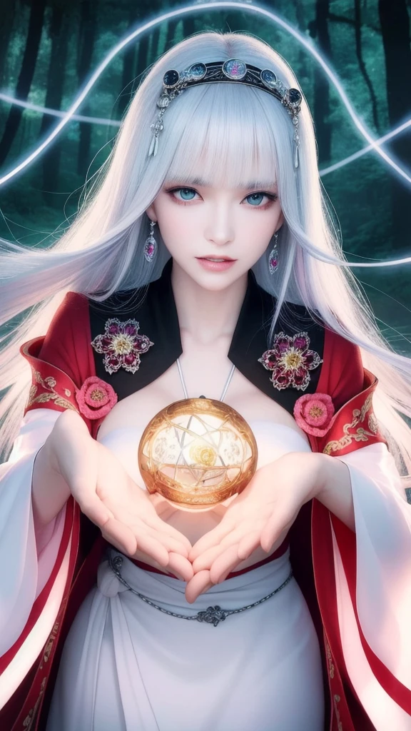 (masterpiece, top quality, 1 female, solo, exquisite details, chromatic aberration), (realistic), (skin), ((breathing)), (silver hair, blunt bangs, short cut straight long hair, short cut bangs, silver hair), beautiful hair, red headdress, blue highlights, hair over one eye, cute eyes,purple eyes, thick lips, earrings, piercing eyes, ((gold and white kimono)), ((symmetrical eyes)), ((perfectly symmetrical body)), ((perfectly symmetrical hands)), (purerosface_v1:0.3), night, (((self, natural light))), bright lighting, flowers blooming in the background, front of viewer, ((central shot, from the front, (face and waist))), mysterious atmosphere, flowers blooming around, light colored background, fortune teller in kimono, beautiful fortune teller, fortune teller, fantasy female fortune teller, female fortune teller, f Fantasy photography, magician, witch fairy tale, Japanese style, elegant cinematic fantasy art, fantasy woman, magician portrait, casting a spell, fortune teller, A powerful wizard stands in a mysterious forest, fluttering robes adorned with symbols, holding a glowing heart crystal ball, eyes glowing with mystical energy, spells leaking from his mouth, vivid swirling patterns of black magic pulsating in hues of red and blue appear in the air, magic permeates, flowers bloom and sacred creatures gaze in awe, threads of magical energy dance, revealing hidden realms and unravelling secrets, capturing the essence of this enchanting moment and bringing to life the mysterious power of black magic on a canvas of the highest quality and finest detail. Top Quality, Masterpiece, Ultra High Resolution, (Photorealistic: 1.4), RAW Photo, Sharp Focus, High Resolution, Detailed Skin, .