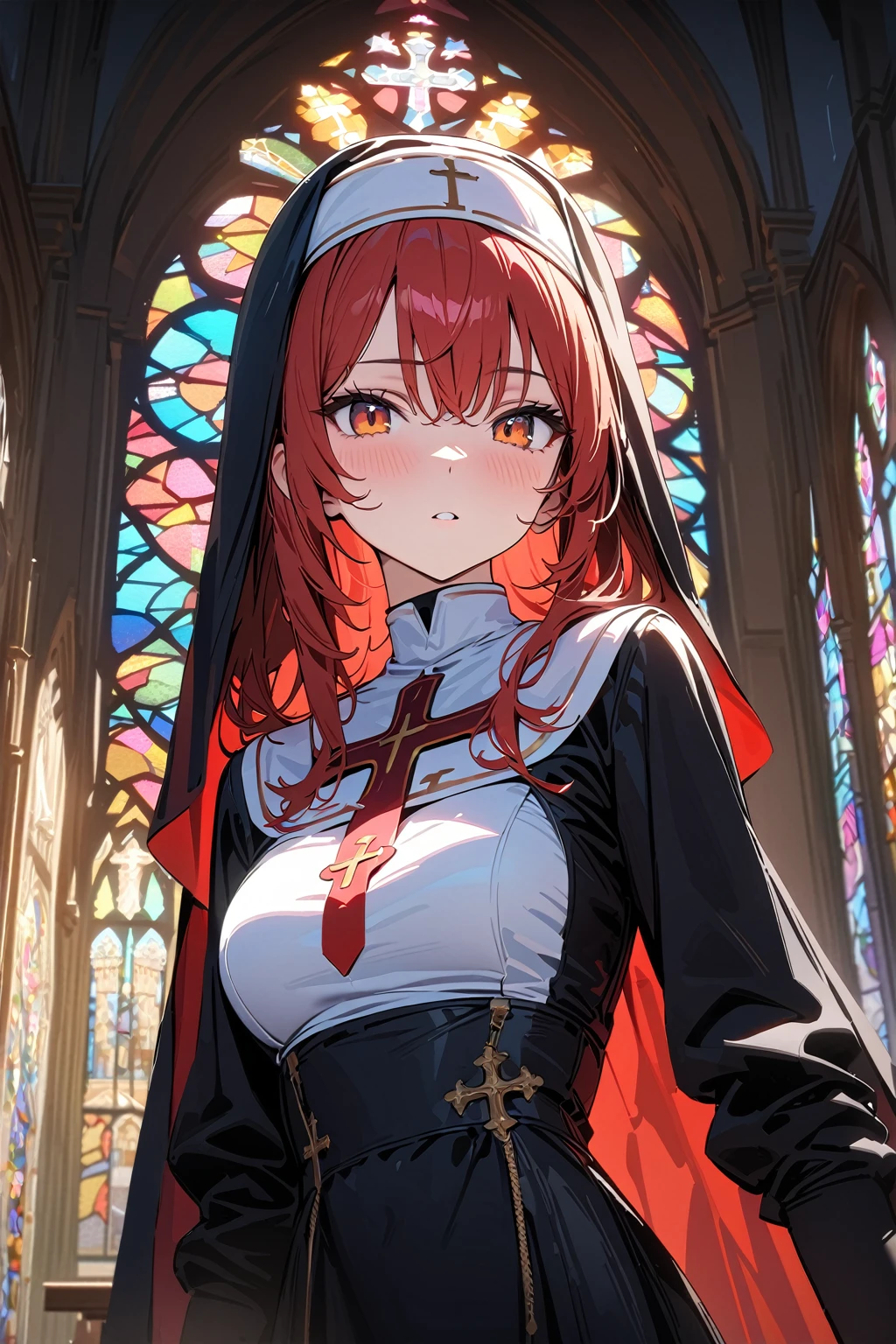 (masterpiece, best quality:1.5), (ultra detailed, high resolution, 8k, beautiful detailed, UHD, best anatomy), 1 cool girl, red hair, medium breasts, nun's habit, church, stained glass, Intense gaze, cross, Blurry background