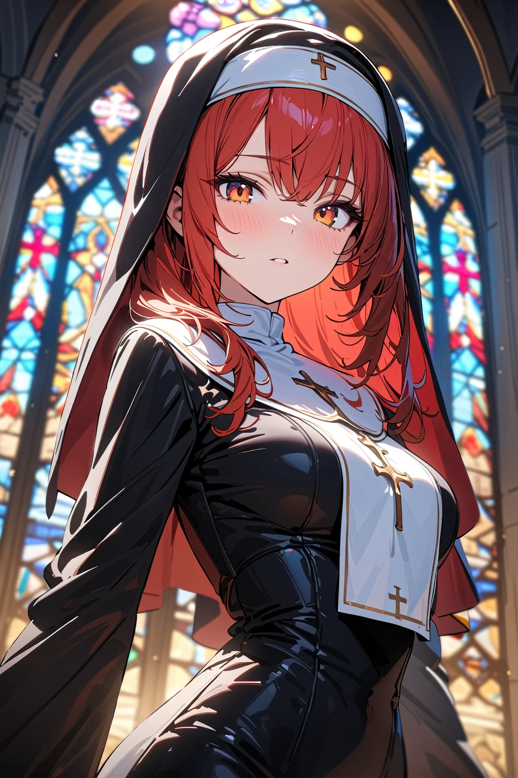 (masterpiece, best quality:1.5), (ultra detailed, high resolution, 8k, beautiful detailed, UHD, best anatomy), 1 cool girl, red hair, medium breasts, nun's habit, church, stained glass, Intense gaze, cross, Blurry background