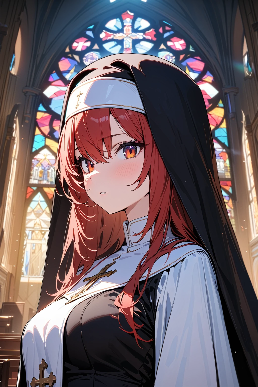 (masterpiece, best quality:1.5), (ultra detailed, high resolution, 8k, beautiful detailed, UHD, best anatomy), 1 cool girl, red hair, medium breasts, nun's habit, church, stained glass, Intense gaze, cross, Blurry background