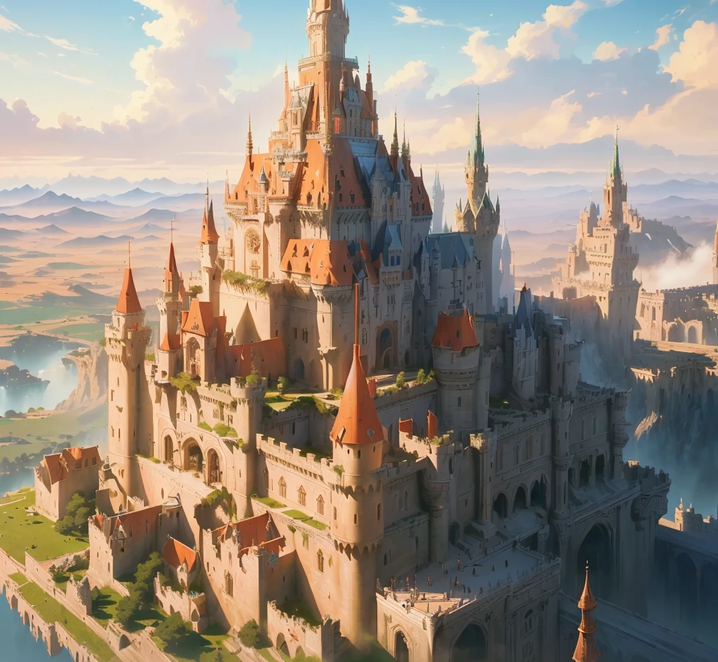 There is a big castle,There is a tower on it, high fantasy castle, An epic castle with towering spires, Fantasy Architecture, mark Simonetti and sakimicha, Epic Fantasy Card Game Art, 灵感来自mark·Simonetti, mark Simonetti. complex, art style of mark Simonetti, Fantasy City, mark _ Simonetti