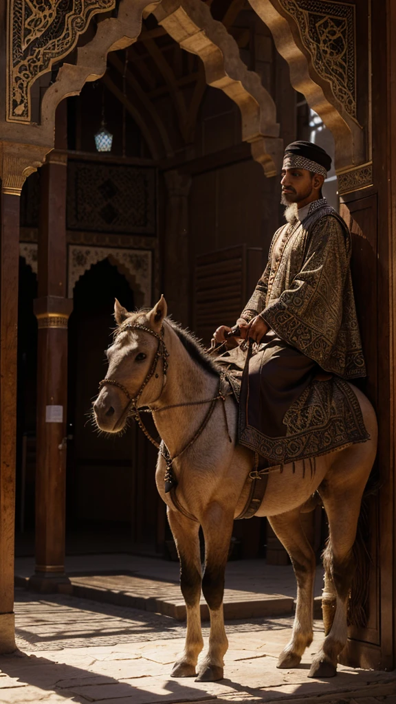 a muslim man performing animal sacrifice,detailed animal anatomy, traditional islamic clothing,outdoor village setting,warm lighting,ornate arabic architecture,detailed textures,dramatic shadows,muted color palette