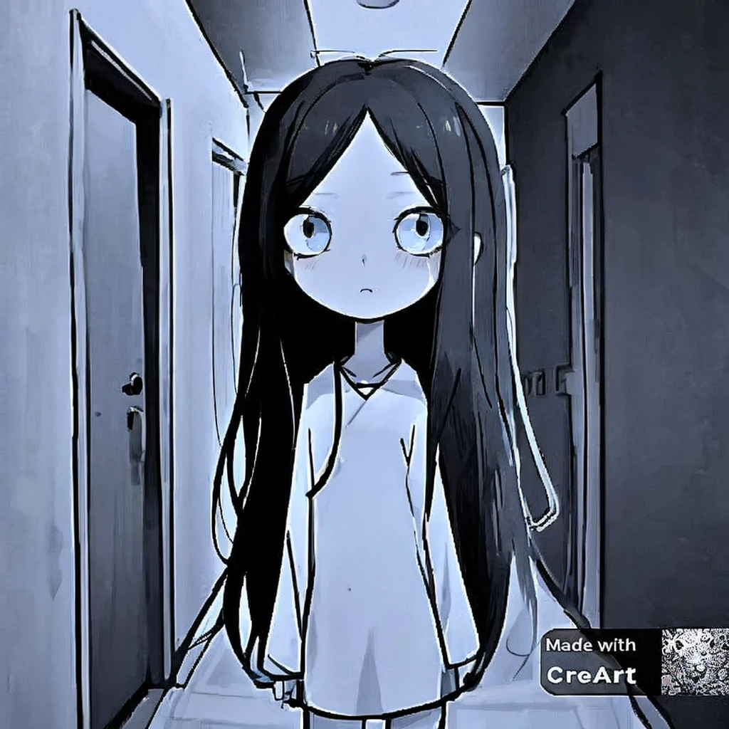 A girl with long black hair, pale skin, wears a worn white kimono, your skin is white and your face doesn&#39;t have many details.
[アニメ; Gothic; darkness background; black andwhite, drawing without many details(ou kawaii); sketch style]