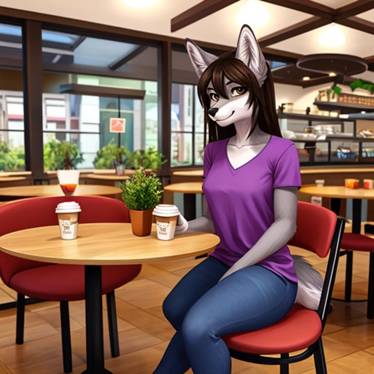 Masterpiece, best quality, high quality, One furry anthro girl, Grey wolf anthro, brown eyes, beautiful eyes, wears purple shirt and blue farmer jeans, in the cafe, sit on the chair, in front of the table, a cup of coffee on the table