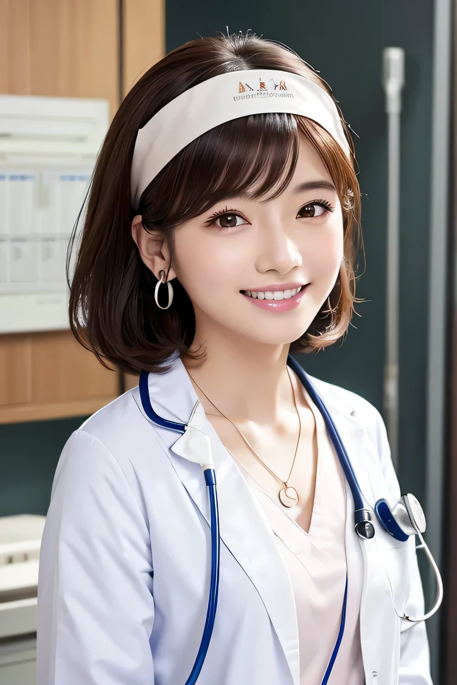 (photo practical:1.4), (hyper practical:1.4), (practical:1.3), (Smoother lighting:1.05), (Improving the quality of cinema lighting:0.9)、Natural light、Professional photos, practical portrait,(1 female), Medium length hair, Beautiful face and eyes, Very cute face, smile, vitality, vitality, (real short nurse uniform:1.2), Light Pink, white, (Breast nurse:1.4), (district), Stethoscope, whiteい壁紙, Portrait of sexy girl, (View from below:1.2)