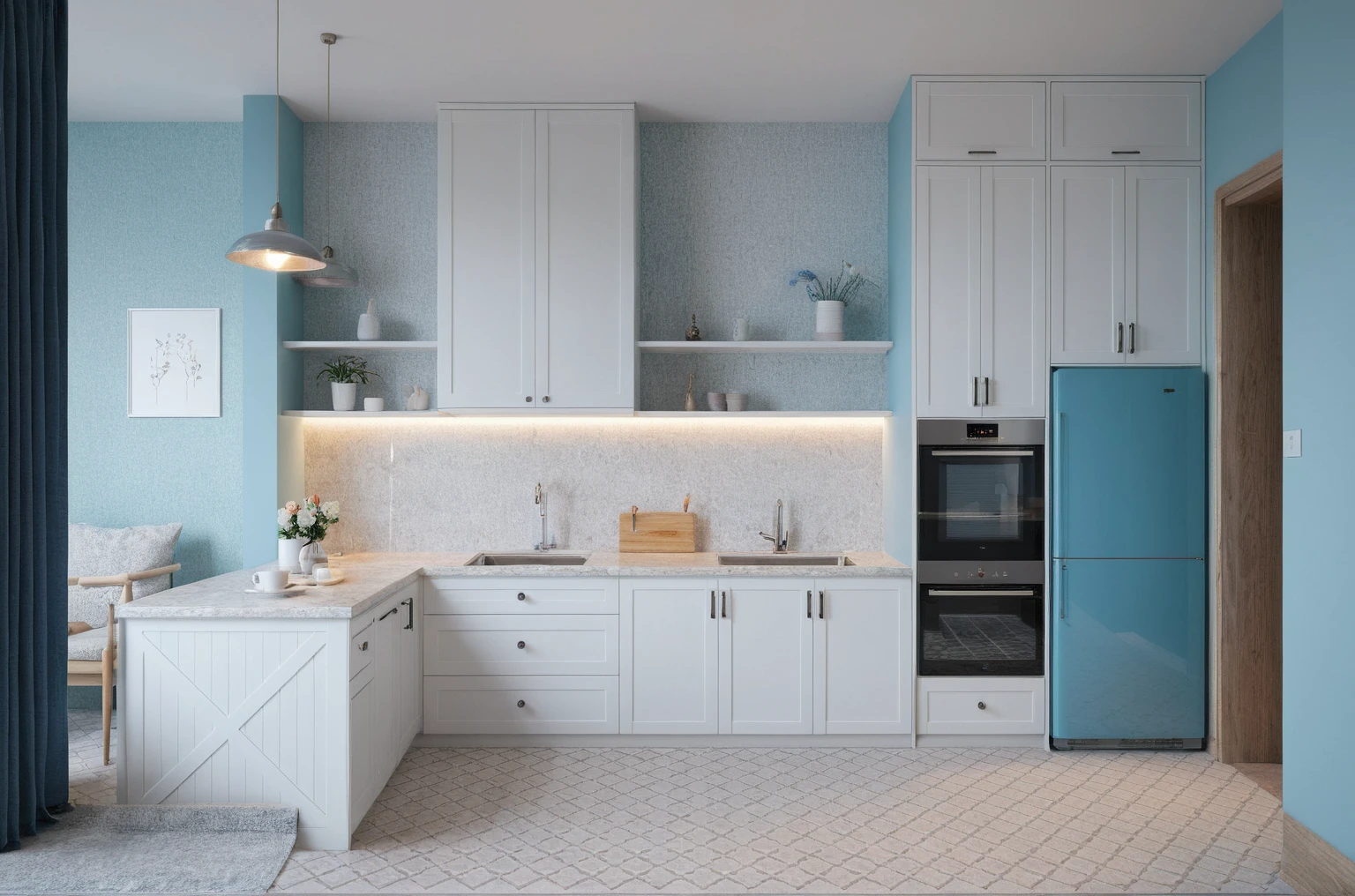 Raw photo,Masterpiece, high quality, White tones combined with blue pastel tones
, best quality, authentic, super detail, interior, indoors, bedroom style modern , (daylight:1.1), vivid colour, (realistic:1.2).