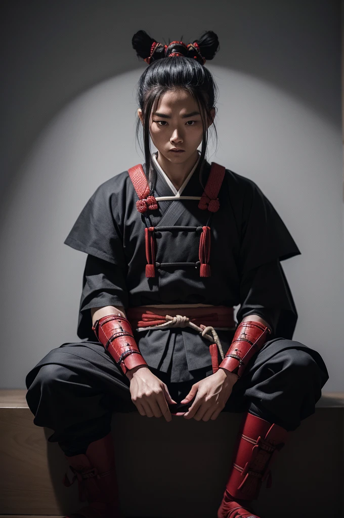 create an image of a samurai sitting alone in a dark room