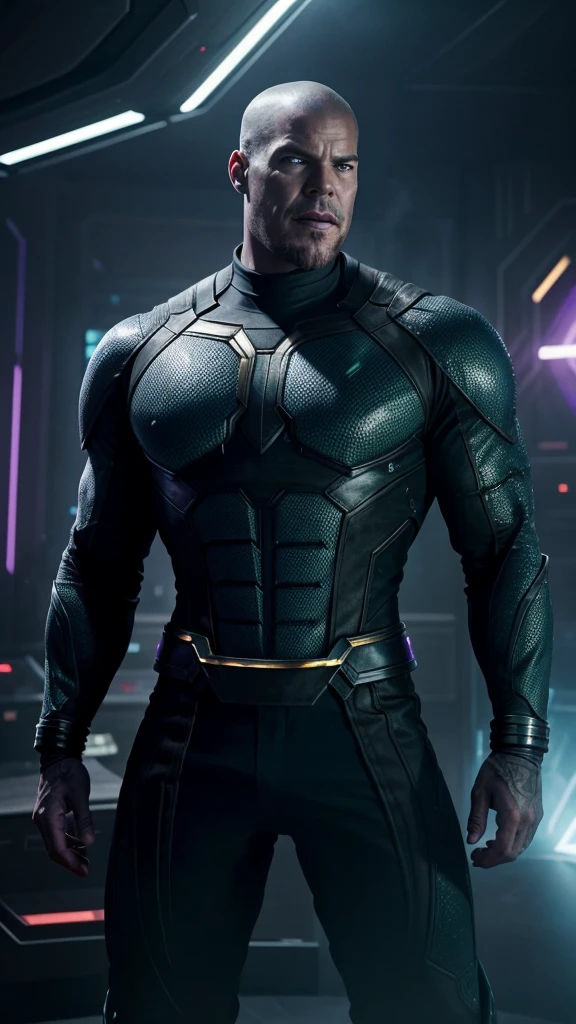 Create an intriguing scene featuring a rendition of the movie character Thanos. He should be depicted in black attire, exuding a mysterious aura against a dark and atmospheric background resembling a YouTuber's room. Incorporate elements such as green LED lights or holographic displays with subtle nods to the matrix-like digital aesthetics. The composition should convey a blend of futuristic technology and ominous ambiance, capturing Thanos in a unique and captivating visual style.The real dark Thanos.