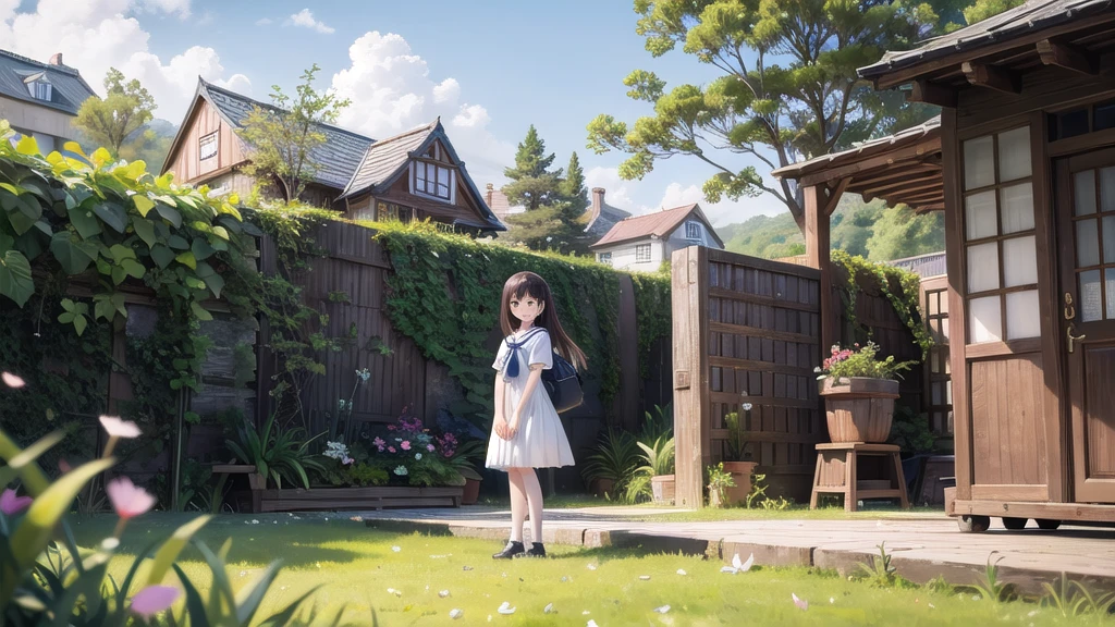 (masterpiece),  town,  blue sky,  One Girl,  smile,  alone,  Sailor suit、Long skirt,  Overgrown,  petal,  plant、Skirt lining、Translucent slip、Nostalgic