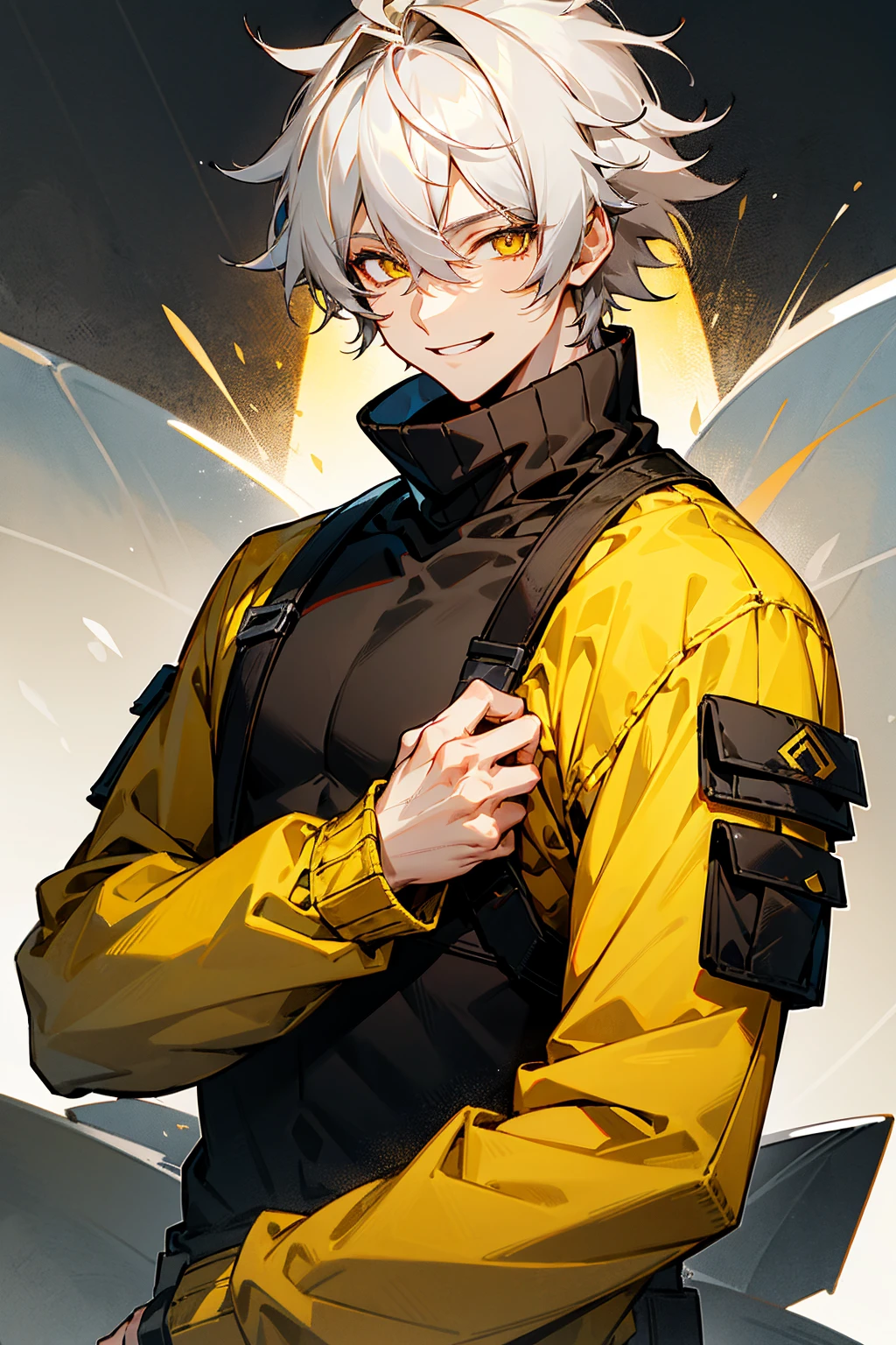1male , Greyish White Hair , Golden Eyes , Smiling Expression , Messy Hair , Muscular , Black Turtleneck under a yellow Longsleeve Shirt with a red and black X patch on the shoulder , Perfect Generation , Young Male , Snowy Tundra Background ,
