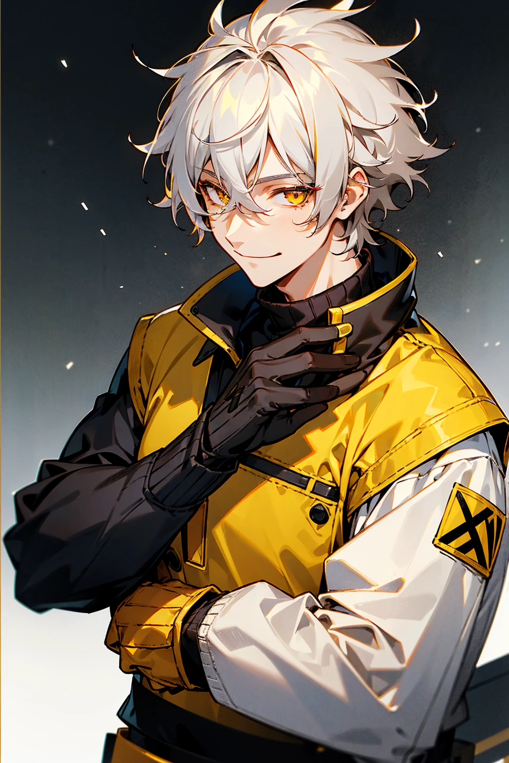 1male , Greyish White Hair , Golden Eyes , Smiling Expression , Messy Hair , Muscular , Black Turtleneck under a yellow Longsleeve Shirt with a red and black X patch on the shoulder , Perfect Generation , Young Male , Snowy Tundra Background , 