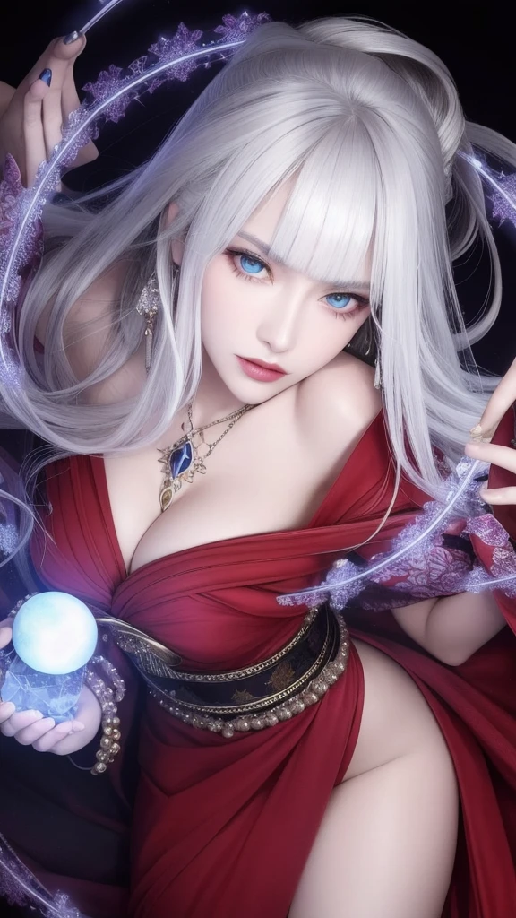 (masterpiece, top quality, 1 female, solo, exquisite details, chromatic aberration), (realistic), (skin), ((breathing)), (silver hair, blunt bangs, short cut straight long hair, short cut bangs, silver hair), beautiful hair, red headdress, blue highlights, hair over one eye, cute eyes,purple eyes, thick lips, earrings, piercing eyes, ((gold and white kimono)), ((symmetrical eyes)), ((perfectly symmetrical body)), ((perfectly symmetrical hands)), (purerosface_v1:0.3), night, (((self, natural light))), bright lighting, flowers blooming in the background, front of viewer, ((central shot, from the front, (face and waist))), mysterious atmosphere, flowers blooming around, light colored background, fortune teller in kimono, beautiful fortune teller, fortune teller, fantasy female fortune teller, female fortune teller, f Fantasy photography, magician, witch fairy tale, Japanese style, elegant cinematic fantasy art, fantasy woman, magician portrait, casting a spell, fortune teller, A powerful wizard stands in a mysterious forest, fluttering robes adorned with symbols, holding a glowing heart crystal ball, eyes glowing with mystical energy, spells leaking from his mouth, vivid swirling patterns of black magic pulsating in hues of red and blue appear in the air, magic permeates, flowers bloom and sacred creatures gaze in awe, threads of magical energy dance, revealing hidden realms and unravelling secrets, capturing the essence of this enchanting moment and bringing to life the mysterious power of black magic on a canvas of the highest quality and finest detail. Top Quality, Masterpiece, Ultra High Resolution, (Photorealistic: 1.4), RAW Photo, Sharp Focus, High Resolution, Detailed Skin, .