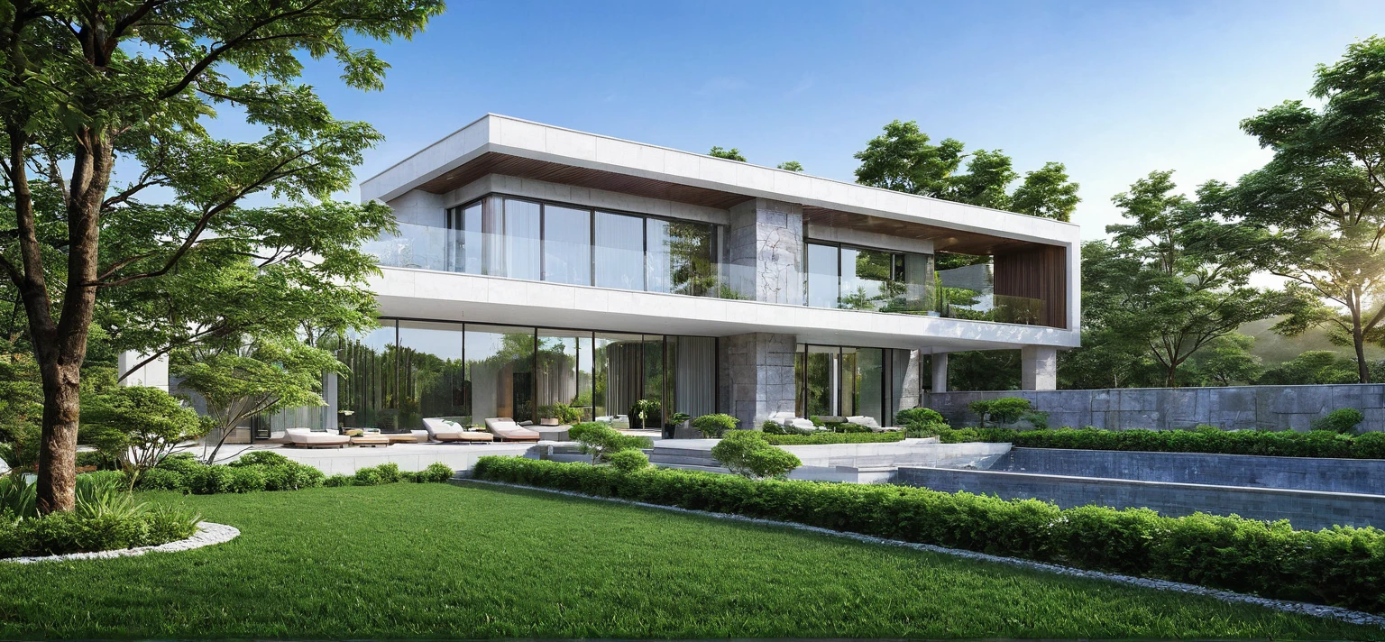 qlcd,tingyuan, photo of modern villa, grassland, garden, shrubs and trees, rock decoration, clear sky, sun light, realistic photo