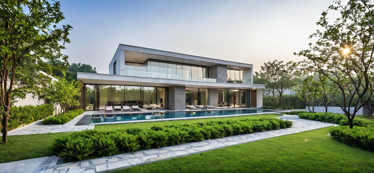 qlcd,tingyuan, photo of modern villa, grassland, garden, shrubs and trees, rock decoration, clear sky, sun light, realistic photo