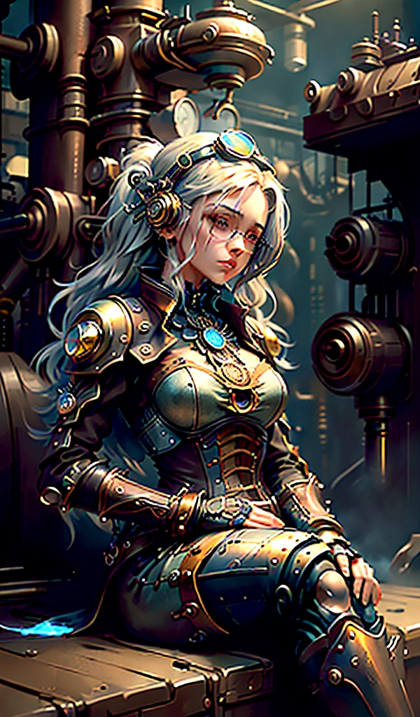 ((​masterpiece)), (best quality), (filmic),(Extreme detail CG Unity 8K wallpaper), 1 girl, fit,Delicious company, small breasts,(no protective goggles on the face)(very long silver hair),a stunning silver-haired steampunk woman sitting on the floor, who lost her forearm in an accident, but instead received a beautifully designed, fine and perfectly fitting robotic prosthesis(steampunk style)sits relaxed on the floor in front of a dystopian steampunk backdrop with machines and factories.and with this prosthesis she shows us a sealed, delicate poison glass bottle with blue liquid in it in. Hand-forearm prosthesis made of brass and leather. She wears Victorian clothing made of fabric and leather and decorative goggles on her head, also made of brass and leather. The landscape is a bit gloomy, but also impressive.,1 line drawing,the picture,steampunk style 