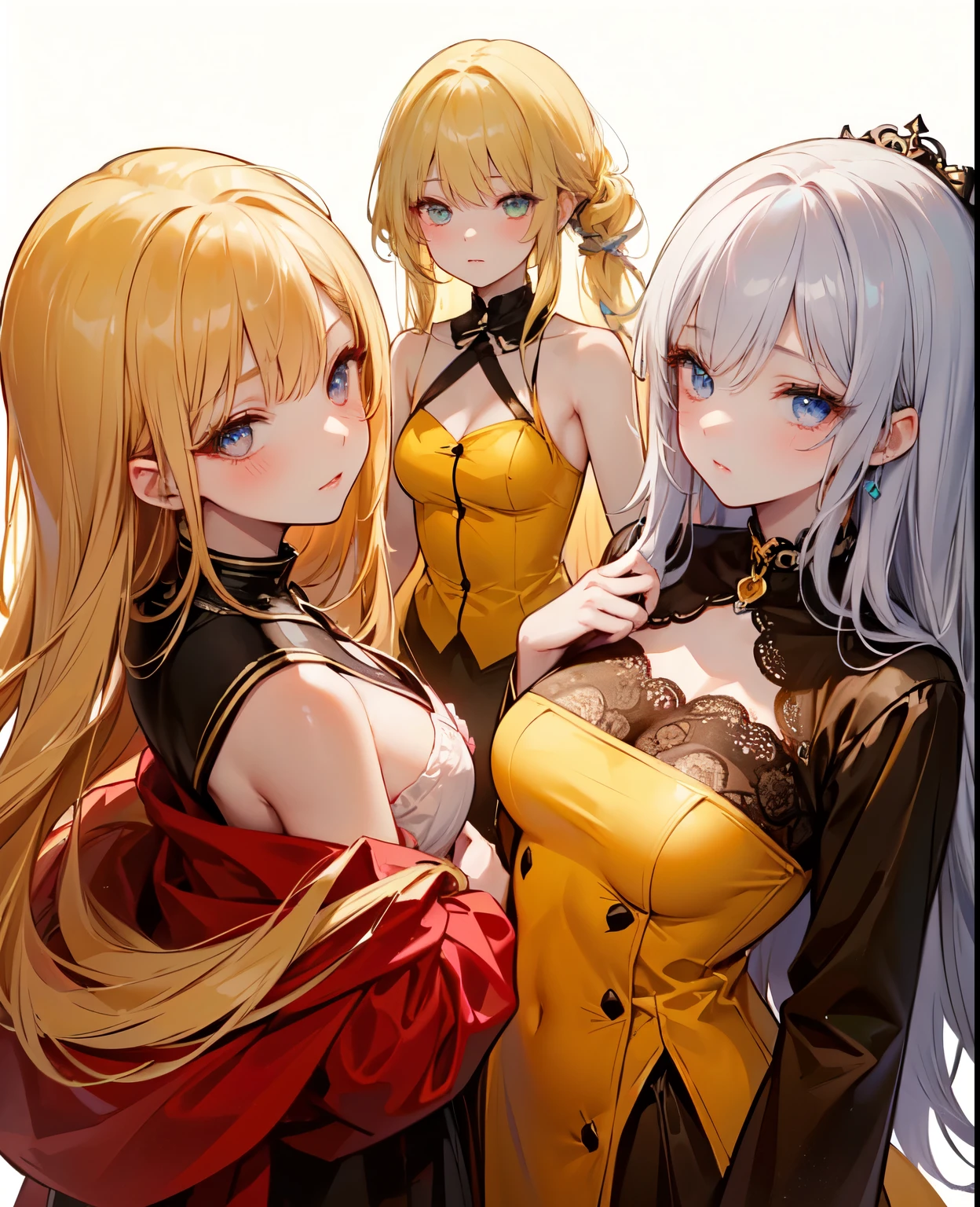(((full-body view))), ((hentai)), ((dark fantasy)),((three girls beautiful hair, pale skin, long hair),(girls ),erotic posing,Gothic background, Dark fantastic view,Best Quality,masutepiece,8K,The ultimate detailed dark background, Top image quality、RAW photography、超A high resolution, overall look is very erotic, round chest, Beautiful Eyes of Details、Very slender eyes、Beautiful eyelashes、Very slim physique, with blush cheeks