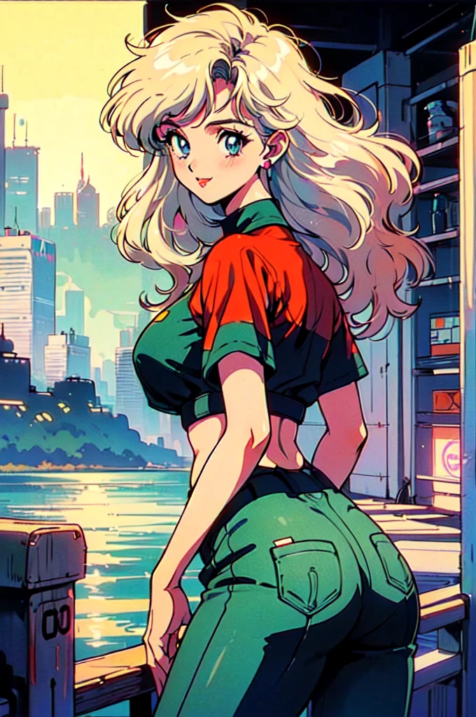 (80's, Retro, City Pop Poster:1.5), (Album cover), (masterpiece, Highest quality), (anime, figure), 
Best Photo Poses, Dynamic Angle, Cowboy Shot, blonde Russian girl, 19 years old, Large Breasts, Wide Hips, Perky ass, Round ass,
girl, alone, smile, A perfect eye for detail, Delicate face, blue eyes,
High Fashion, 