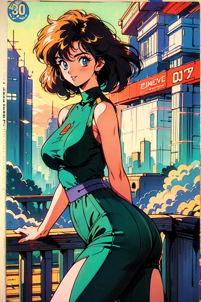 (80's, retro, city pop poster:1.5), (album cover), (masterpiece, best quality), (anime, illustration),
best photo pose, dynamic angle, cowboy shot, blonde Russian girl, 19 years old, Large breast, Wide hips, Bubbly ass, Round buttocks,
girl, solo, smile, perfect detail eyes, delicate face, blue eyes,
high fashion,