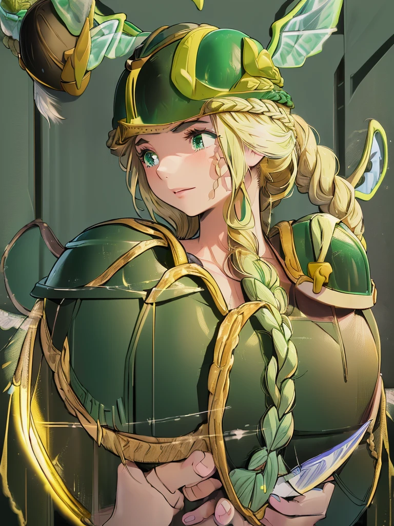masterpiece, ultra-detailed, best quality,1girl, 18yo, beautiful girl,BREAK,(Green armor:1.8),BREAK,(french braid:1.8),BREAK,(Helmet with wings:1.8),