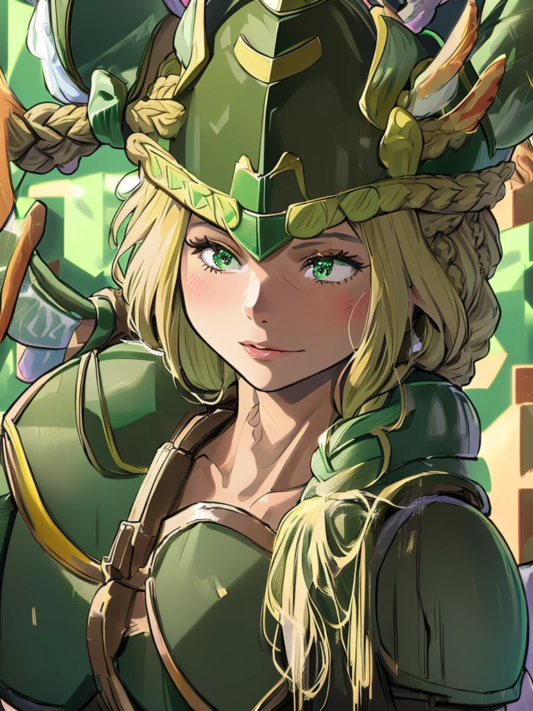 masterpiece, ultra-detailed, best quality,1girl, 18yo, beautiful girl,BREAK,(Green armor:1.8),BREAK,(french braid:1.8),BREAK,(Helmet with wings:1.8),