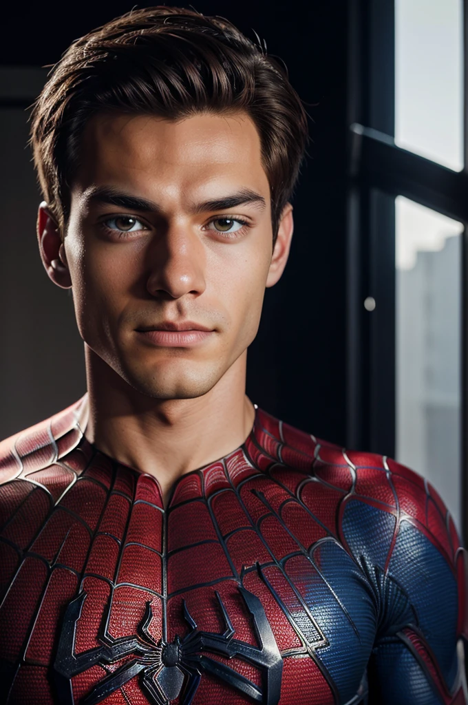 A photograph of spider man, no mask, 20 yo, handsome, detailed face, looking at camera, portrait, 8k uhd, high quality