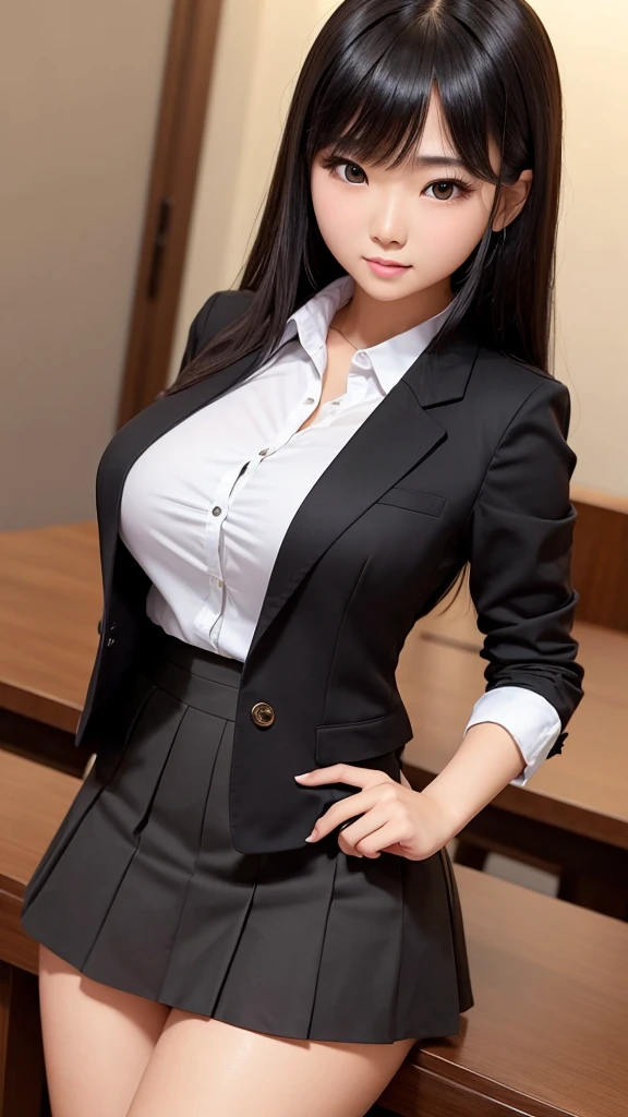 ((high quality)), ((Tabletop)), (Detailed face), (highlight), Asian Girl、Big breasts、thigh、Black Hair、Heavy bangs、high school girl、skirt、blazer、