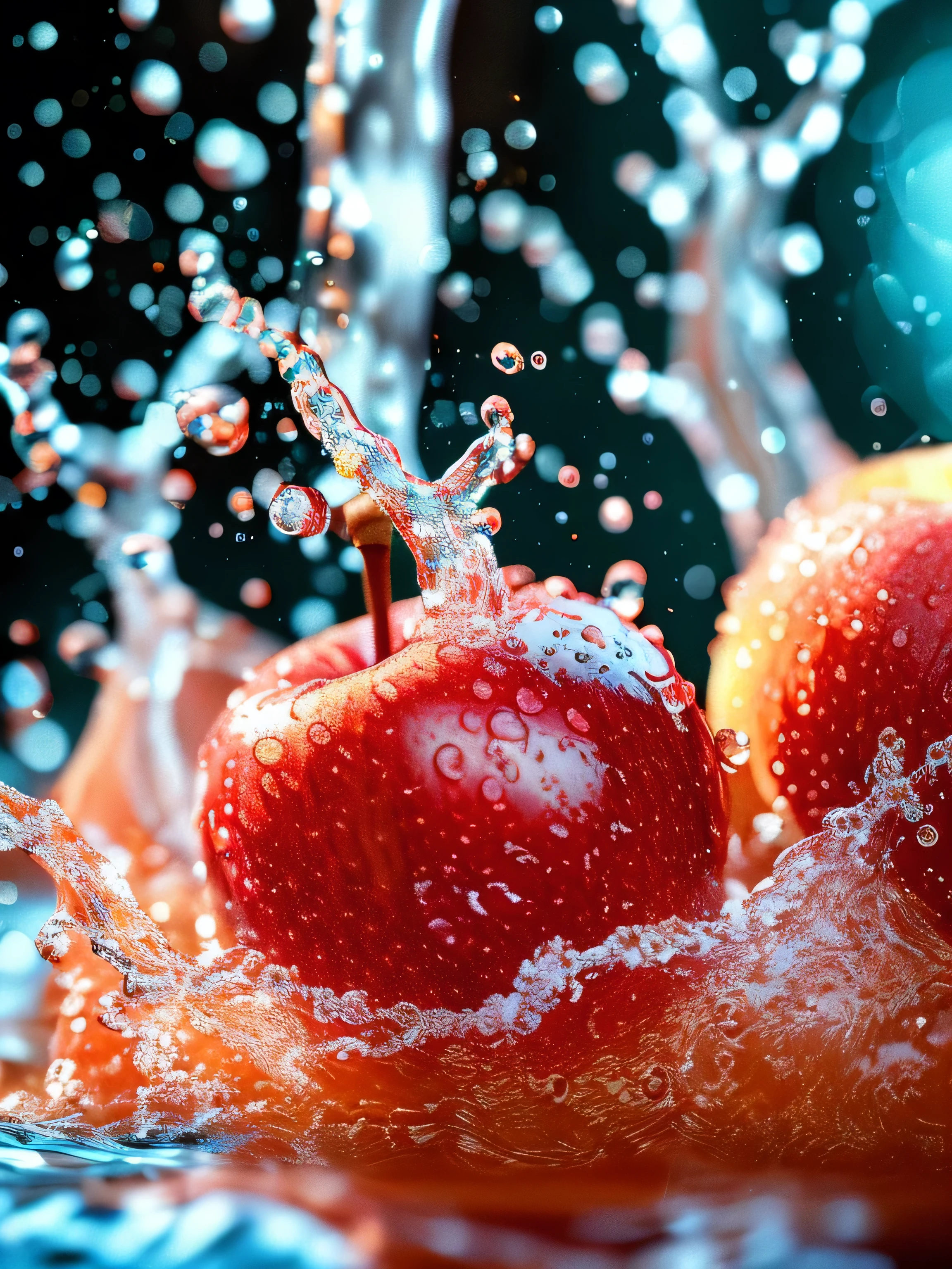 Real photography of 3 apples falling into water and splashing with water droplets. Commercial advertising style, macro shot, background, warm lighting, cool colors creating splash effect. The cherry is dotted with white light spots, and the cherry falls from above, forming a splashing liquid water ball. HD photography quality.