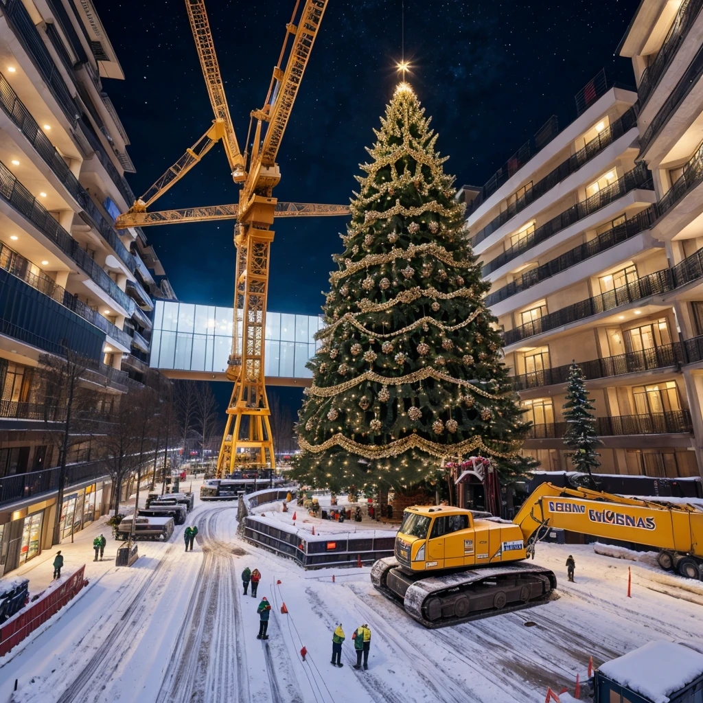 construction environment, couple of huge cranes building a huge Christmas tree, wide angle shot