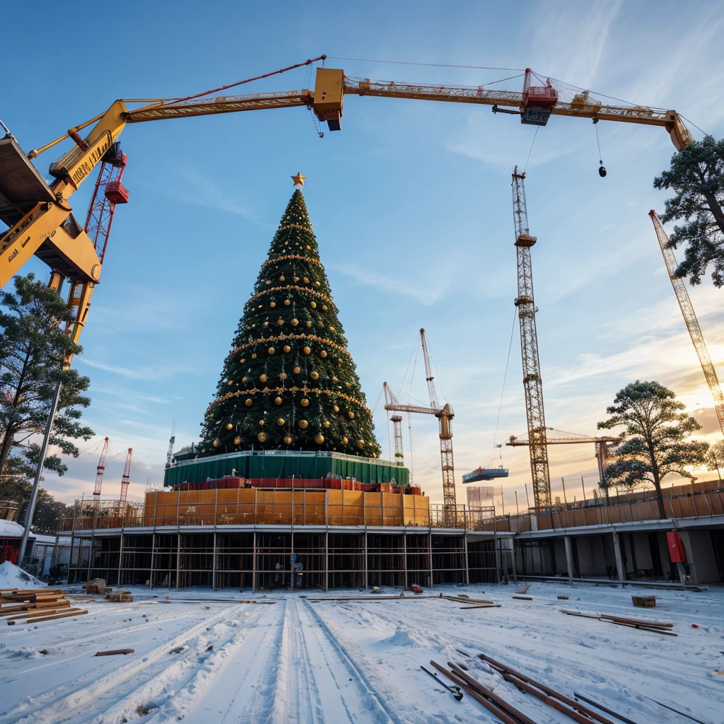 construction environment, couple of huge cranes building a huge Christmas tree, wide angle shot