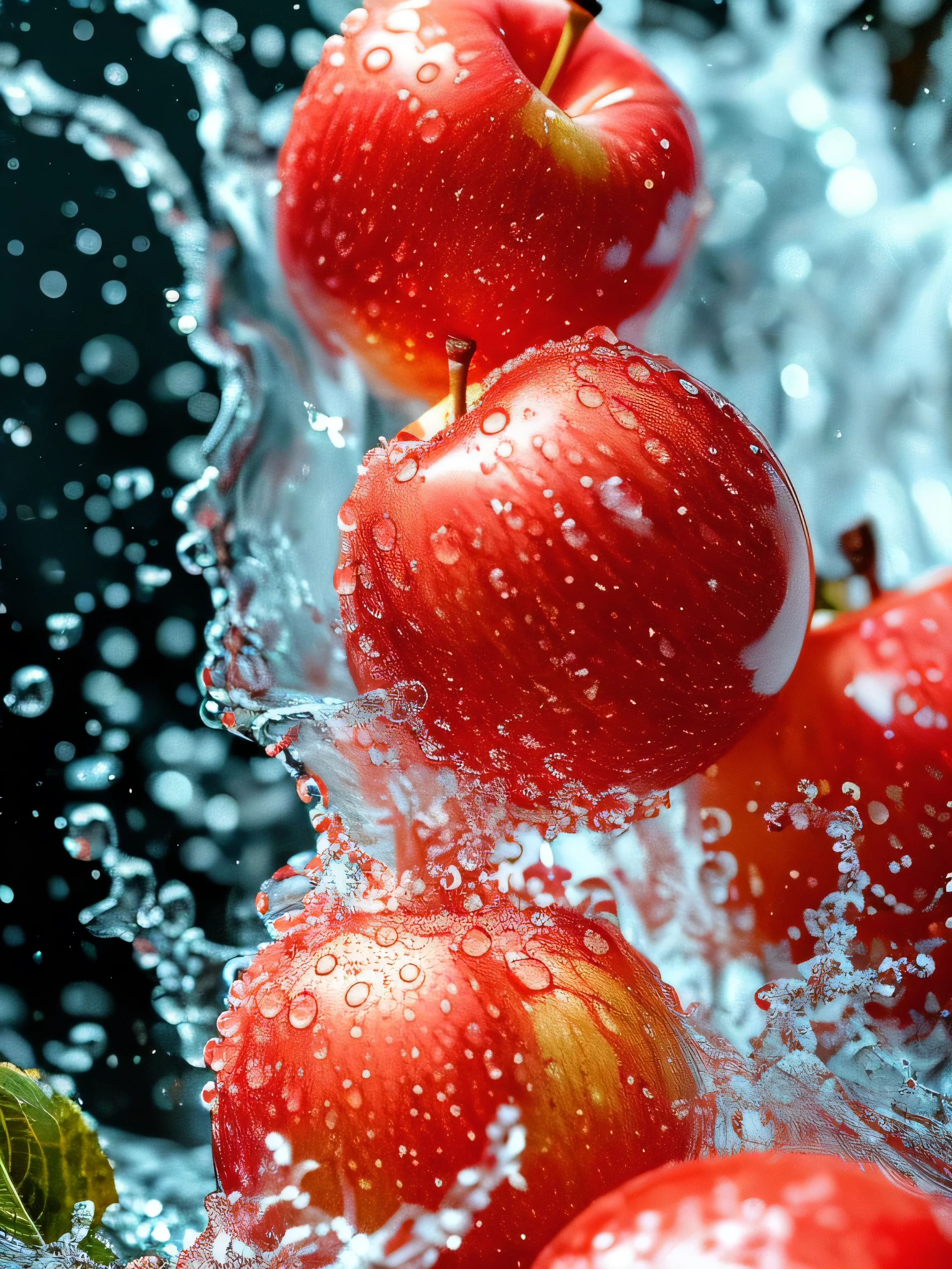 Real photography of 3 apples falling into water and splashing with water droplets. Commercial advertising style, macro shot, background, warm lighting, cool colors creating splash effect. The cherry is dotted with white light spots, and the cherry falls from above, forming a splashing liquid water ball. HD photography quality.