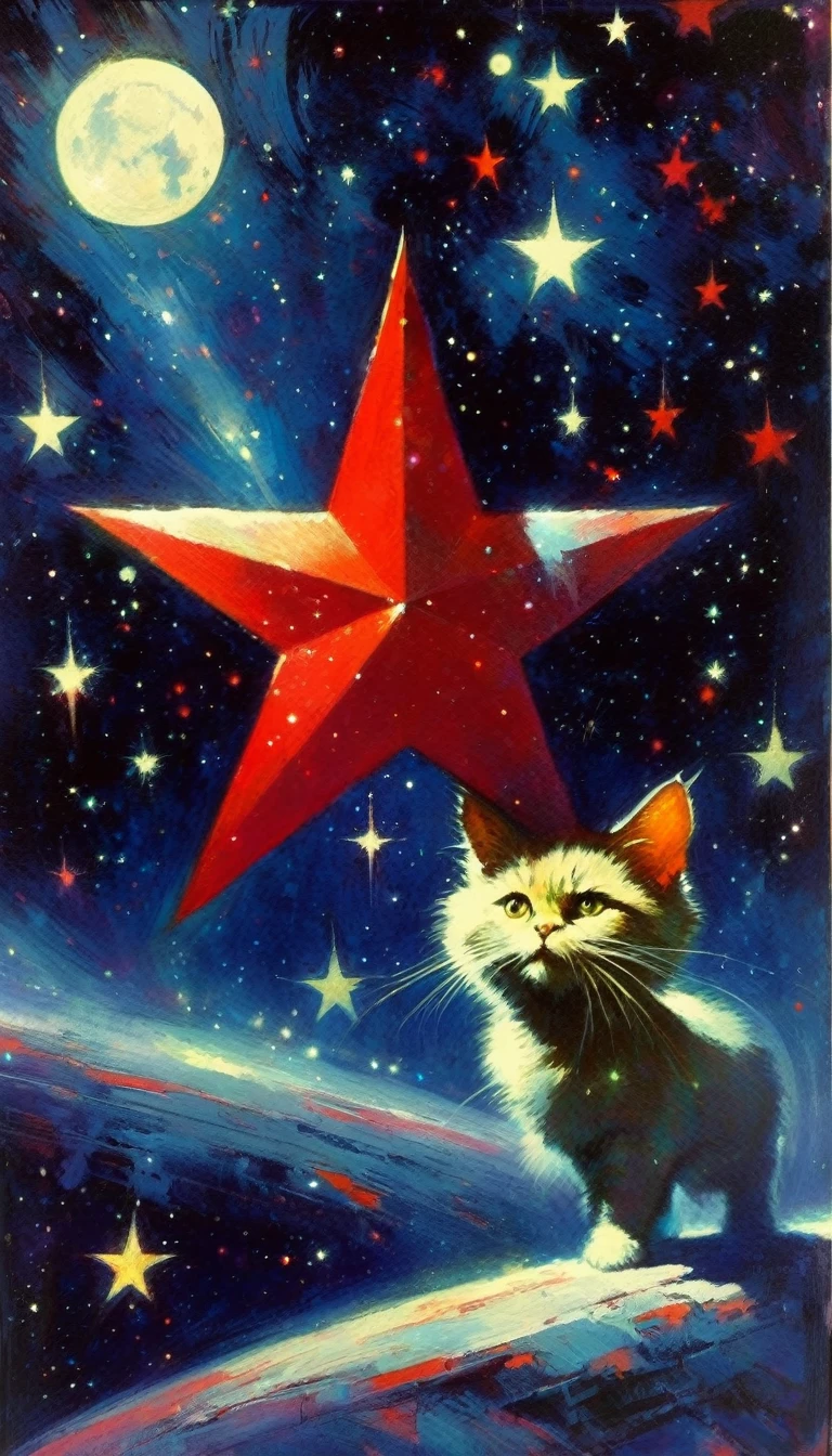 1communist cat, red star, magic, fantastic, night sky, moon, stars, background, (art inspired in Bill Sienkiewicz). oil painting)
