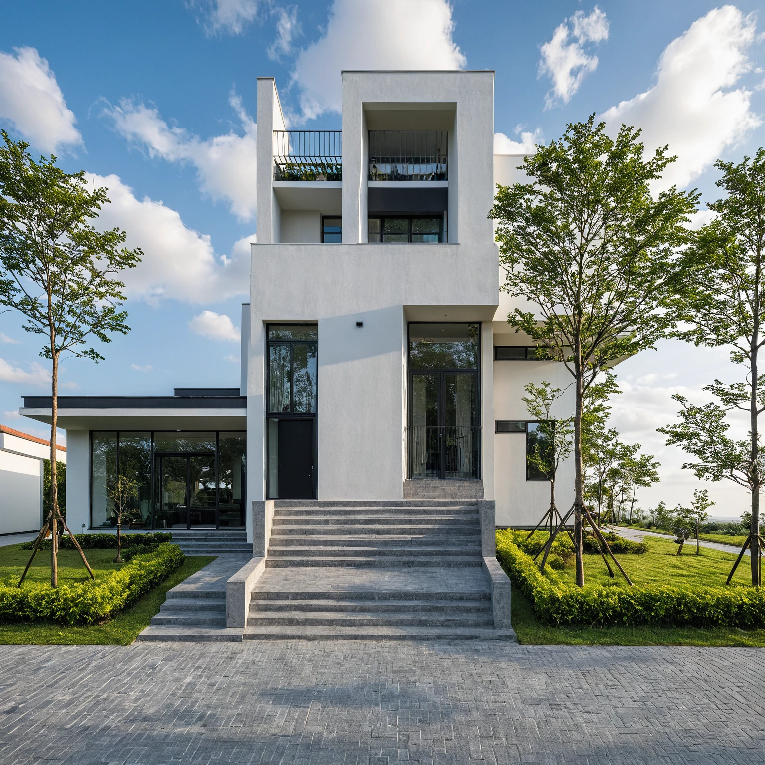 Masterpiece, high quality, best quality, authentic, super detail, outdoors, onestoreyvillaXL, aiaigroup, house style modern on the street ,stairs, white wall ,road,pavement, grass, trees, sky, cloud, (daylight:1.1)
