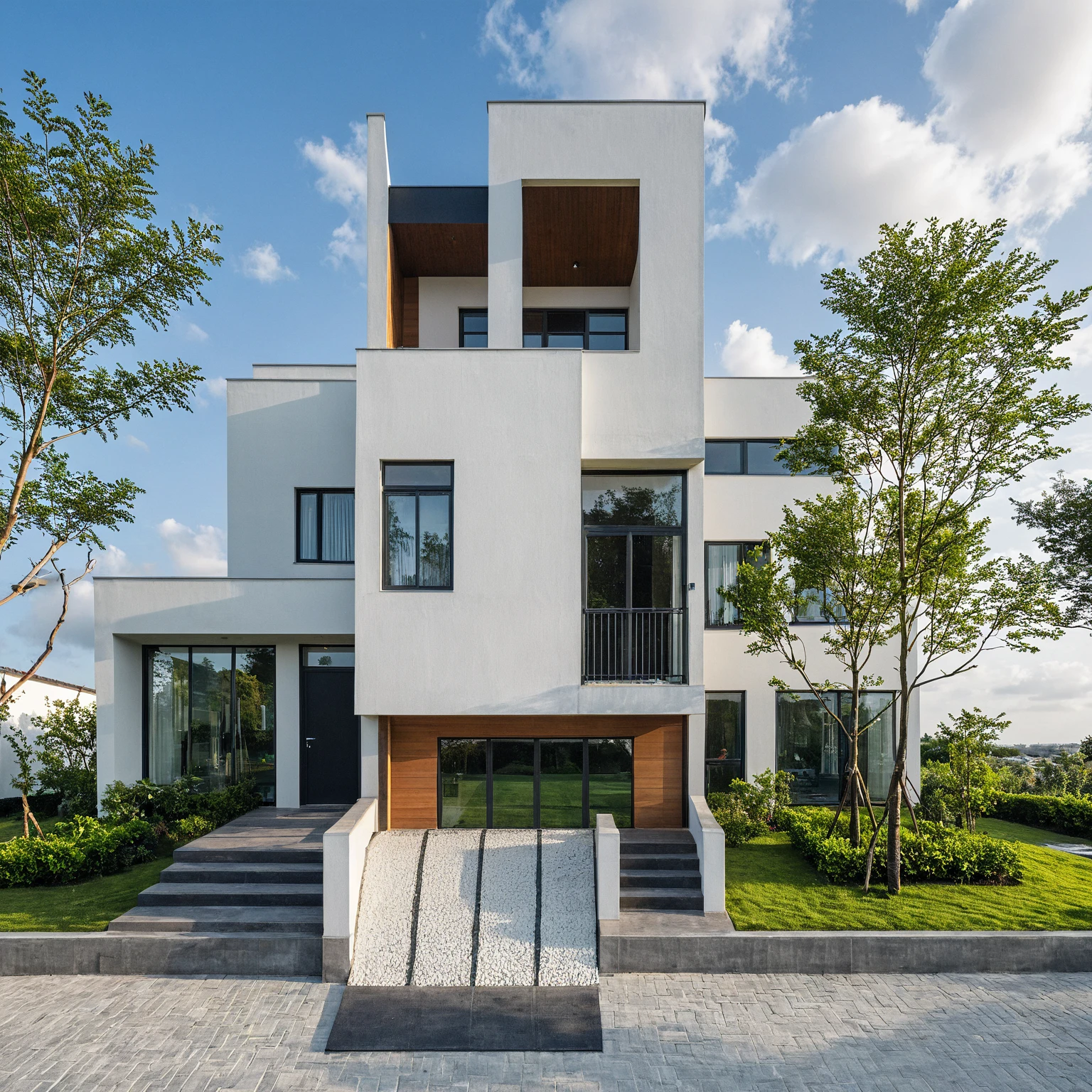 Masterpiece, high quality, best quality, authentic, super detail, outdoors, onestoreyvillaXL, aiaigroup, house style modern on the street ,stairs, white wall ,road,pavement, grass, trees, sky, cloud, (daylight:1.1)
