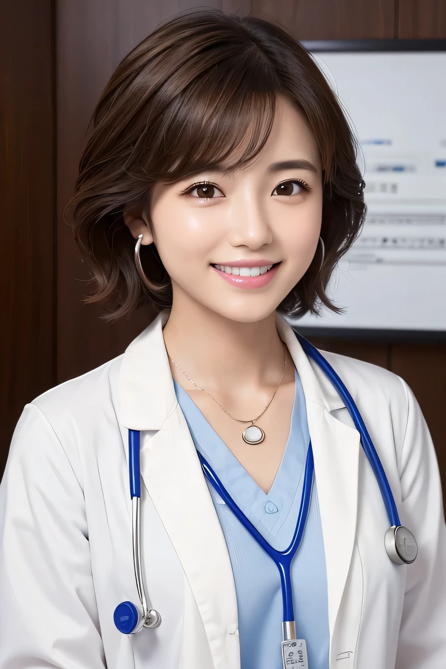 young woman、 Japanese women、Brown Hair、Necklace around the neck、White、Doctor's attire、Stethoscope、、smile、Emphasis on teeth、Wavy Hair、short hair、Intricate details, Very detailed:1.2), 、 Looking into the camera,The background is the examination room...、ear piercing