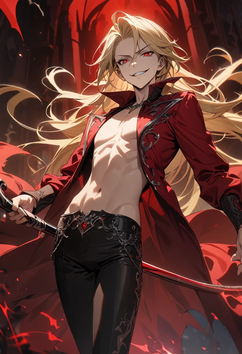 Young boy, long blonde hair, red eyes, red lush shirt, black tight pants, vampire prince, smirk, open chest, skinny, cane, magic, Masterpiece, best quality, Full HD, 8k, ultra details, great graphic